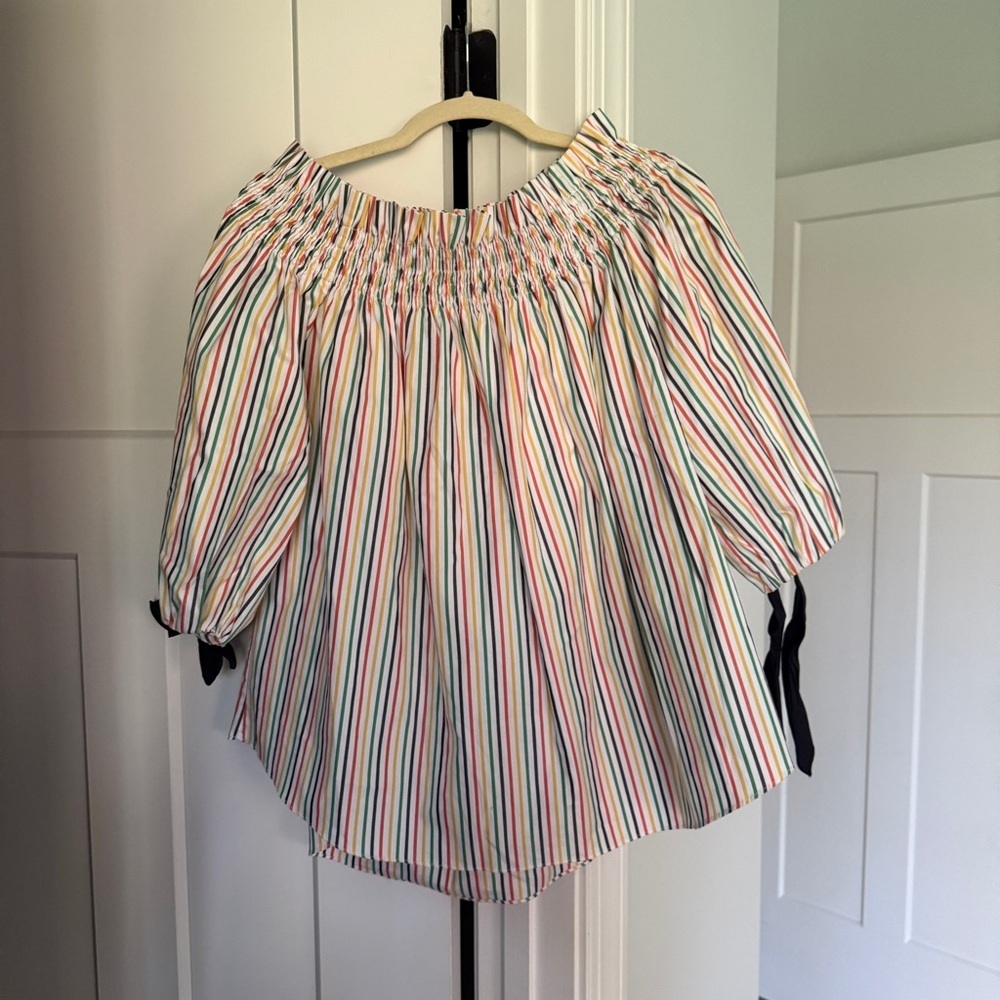 Caroline Constas Rainbow Stripe Off Shoulder Blouse‎ Tie Sleeves